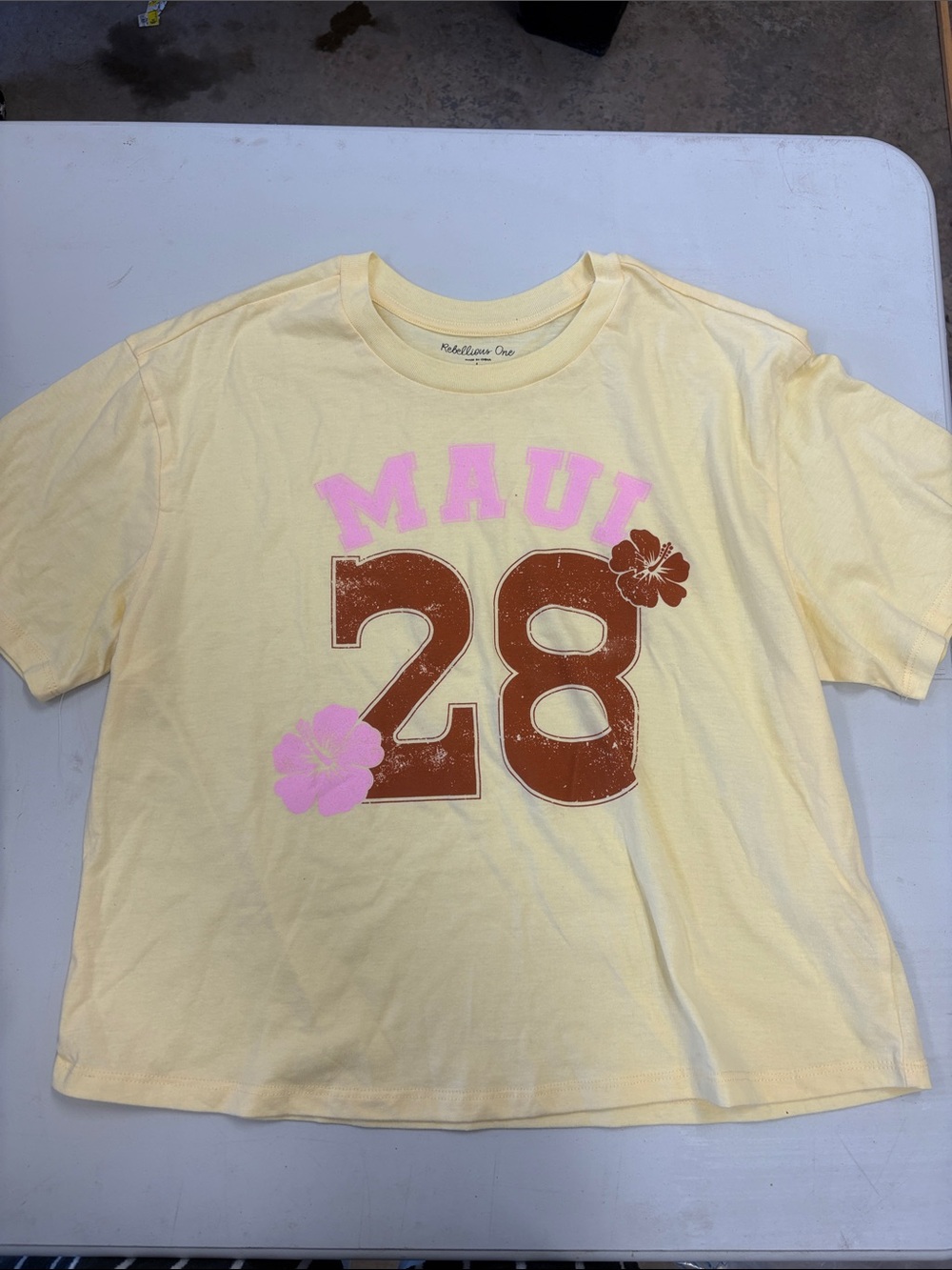 Rebellious One Yellow Maui '28' Graphic Tee with Pink and Brown Accents